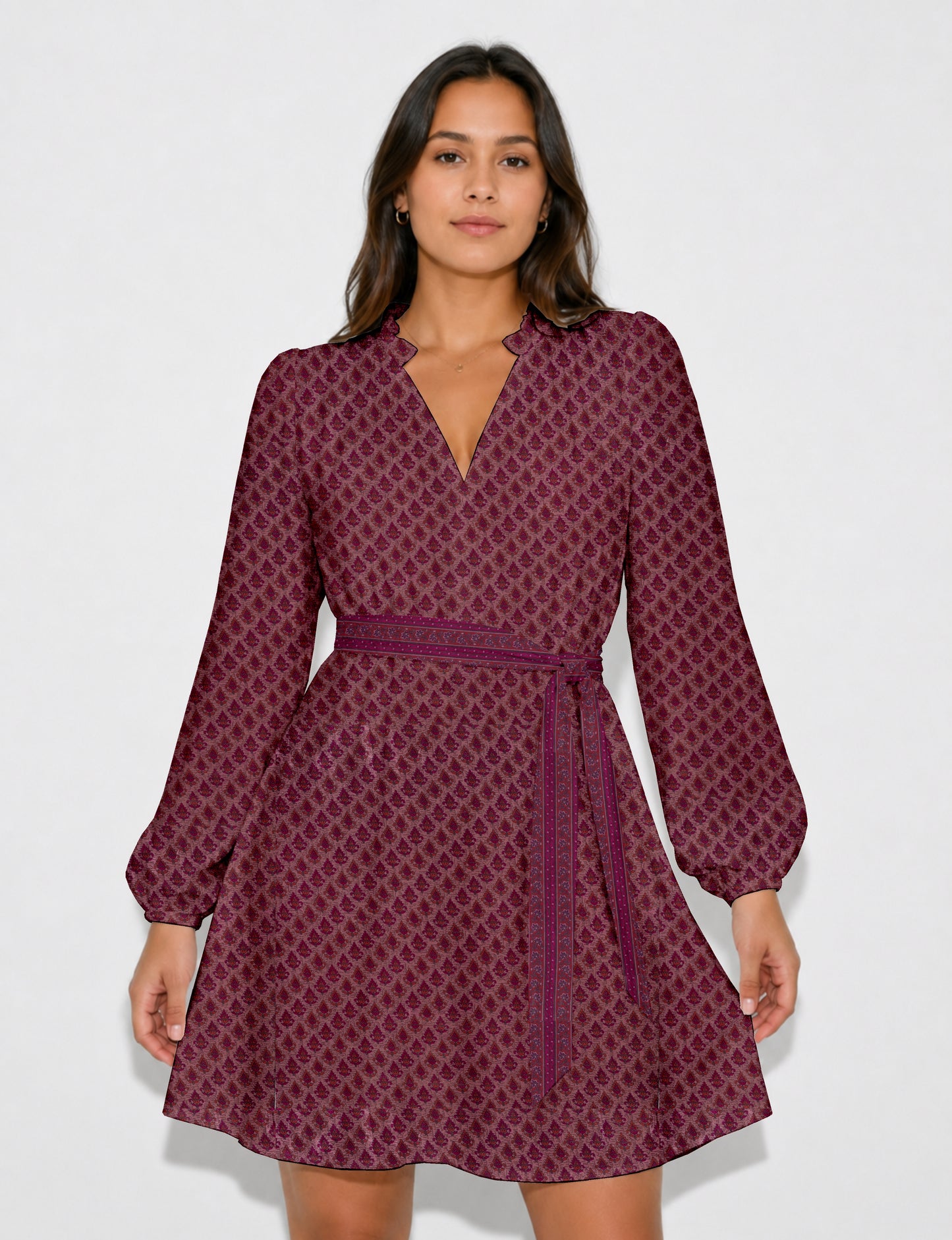 Swing dress with belt - Pink Leaves