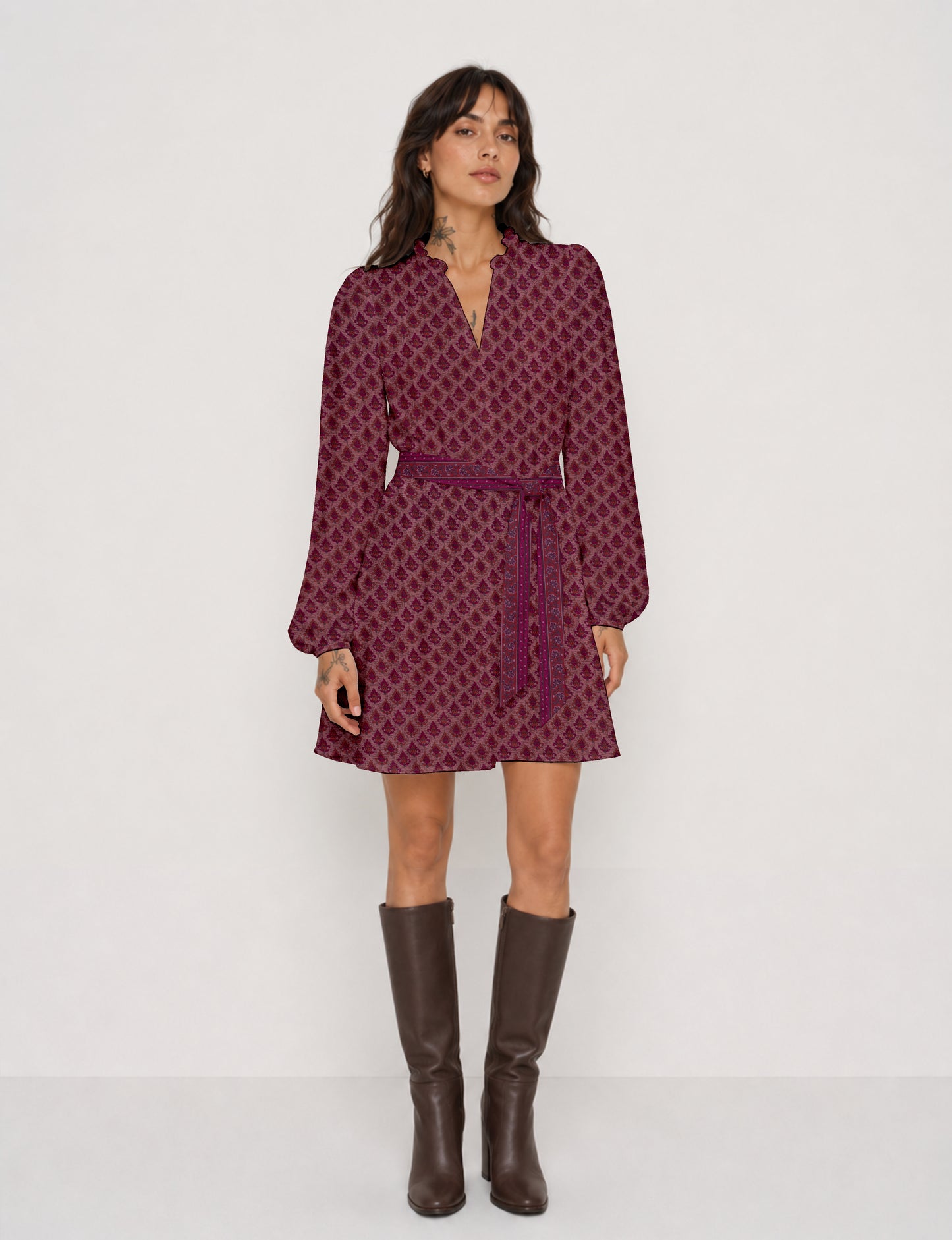 Swing dress with belt - Pink Leaves