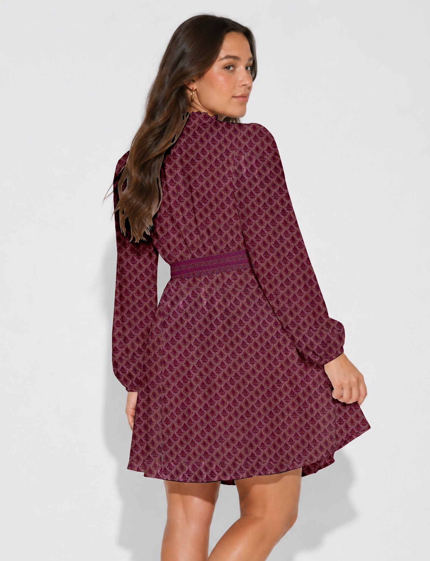 Swing dress with belt - Pink Leaves