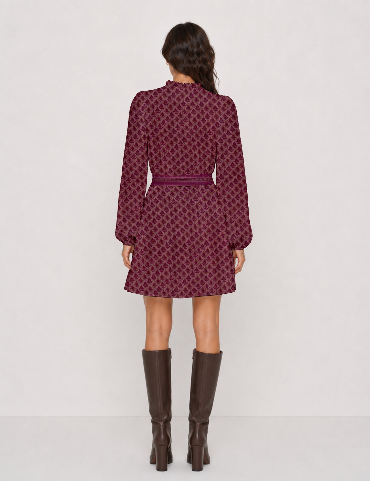 Swing dress with belt - Pink Leaves