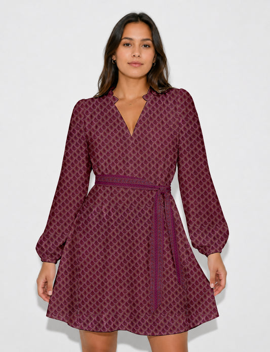 Swing dress with belt - Pink Leaves