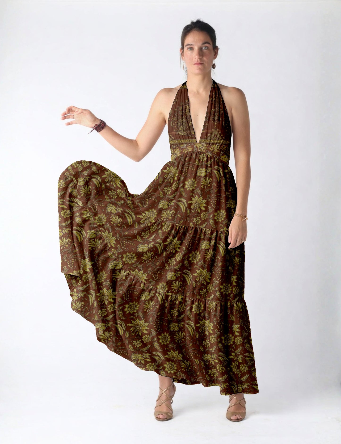 Maxi dress side view highlighting volume and movement