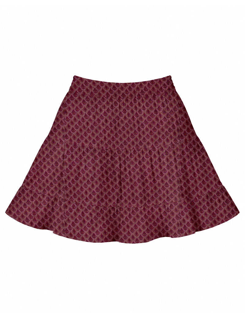 Short tiered skirt with pink and red leaf pattern, elastic waistband, flat lay front view on white background