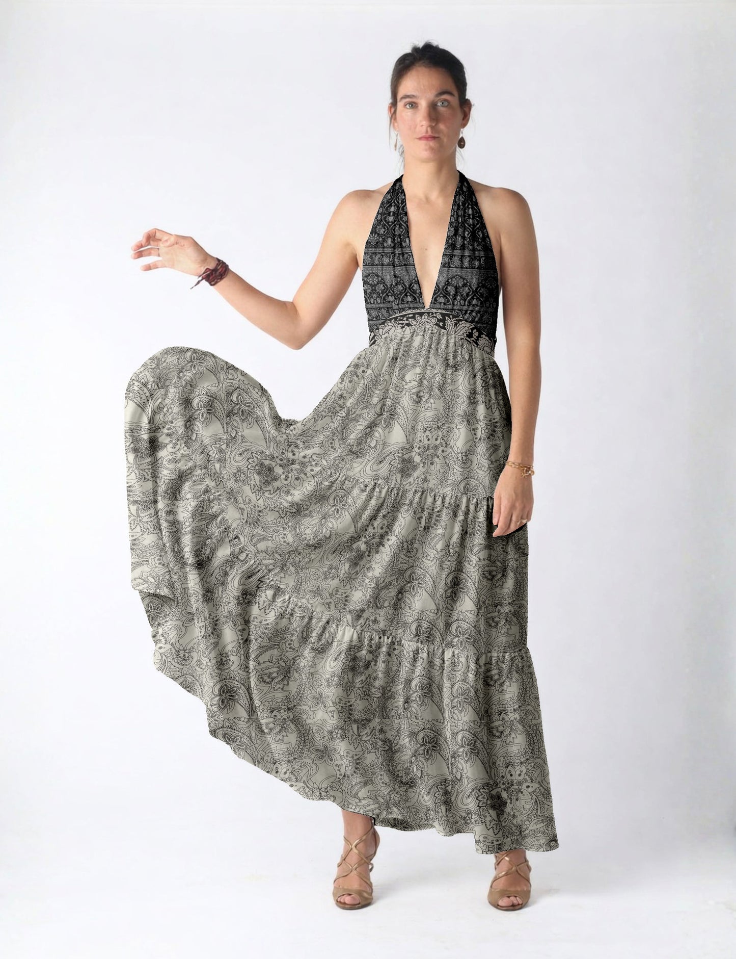 Maxi tiered dress by I was a Sari with halter neckline and flowy silhouette