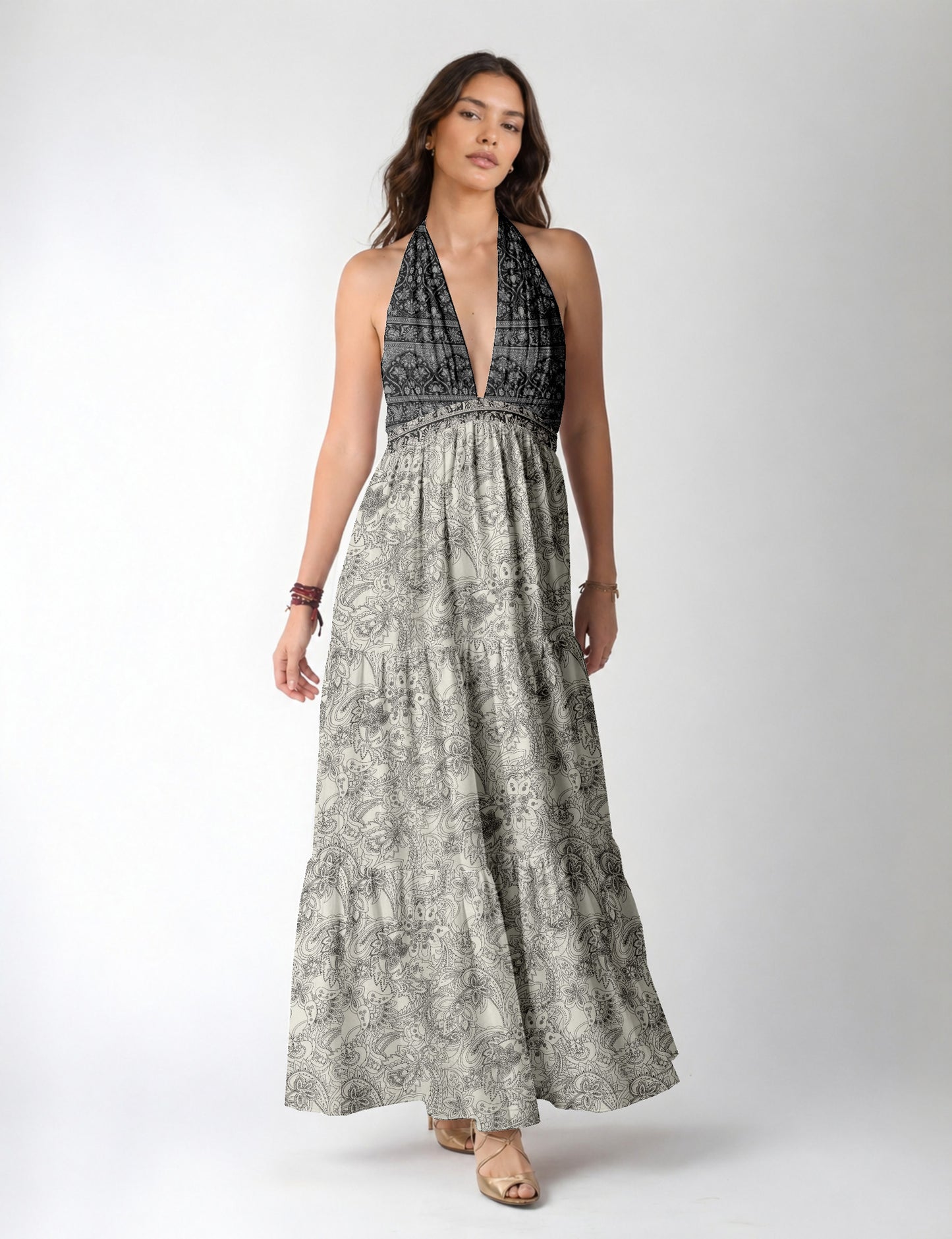 Halter neck maxi dress with tiered layers and elasticated back