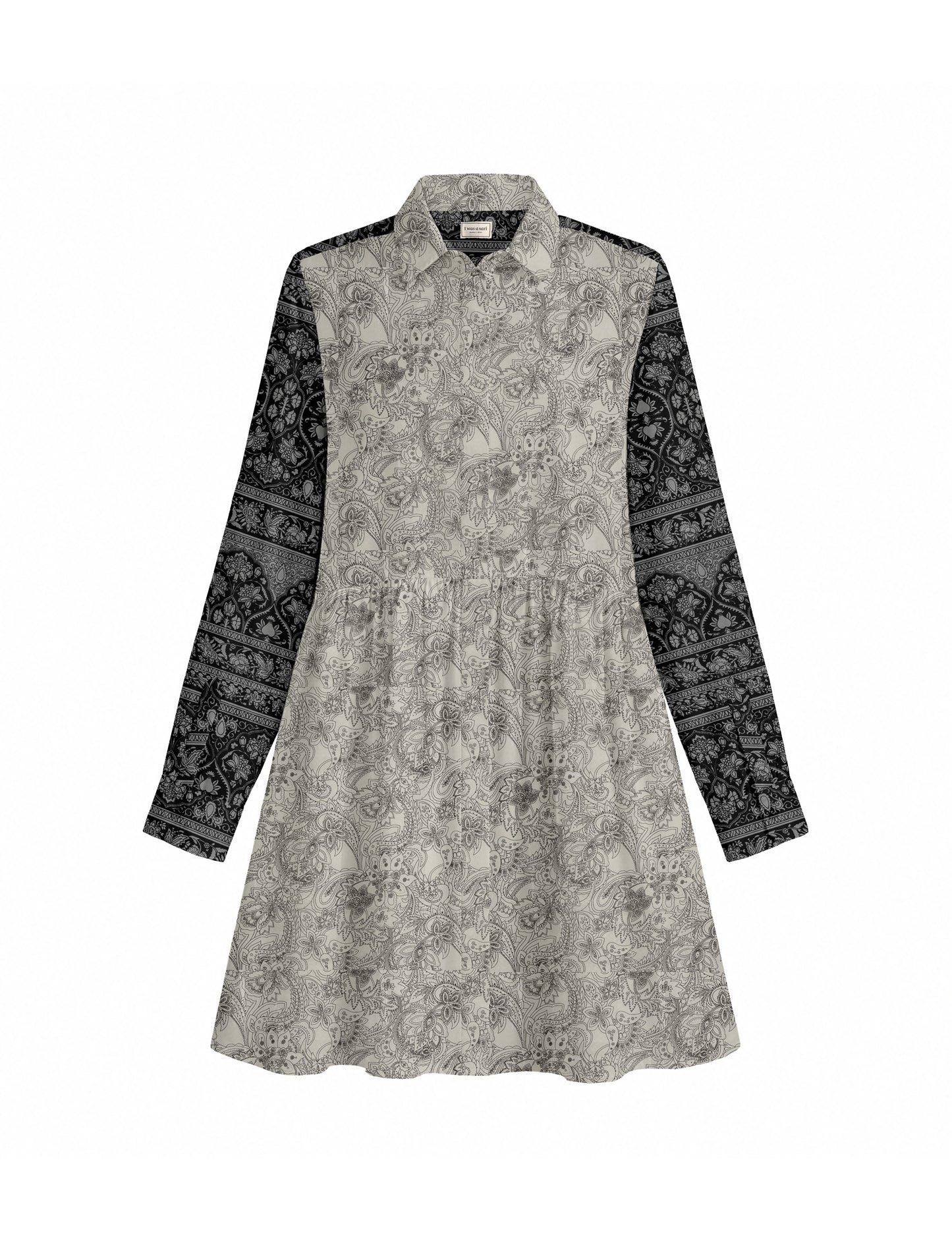 Short shirt dress with a relaxed A-line silhouette, point collar, partial button placket, gathered waist, side pockets, and full-length cuffed sleeves.