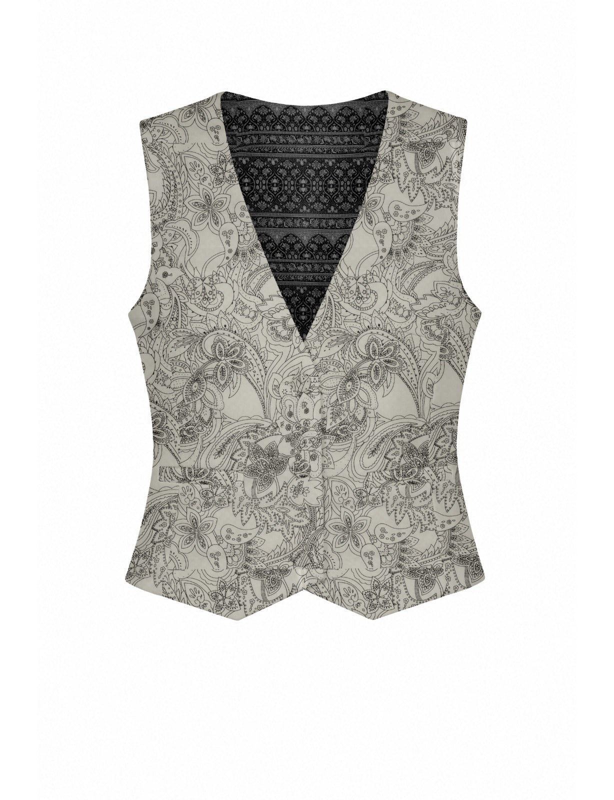 Women's fitted waistcoat with V-neck, single-breasted button closure, tailored silhouette, and pointed hem in sustainable fashion.