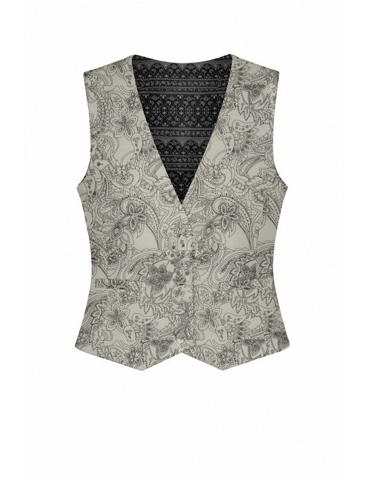Women's fitted waistcoat with V-neck, single-breasted button closure, tailored silhouette, and pointed hem in sustainable fashion.