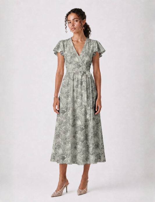 Elegant midi wrap dress with a V-neckline, adjustable waist tie, fitted bodice, and flared skirt for a timeless, flattering silhouette.