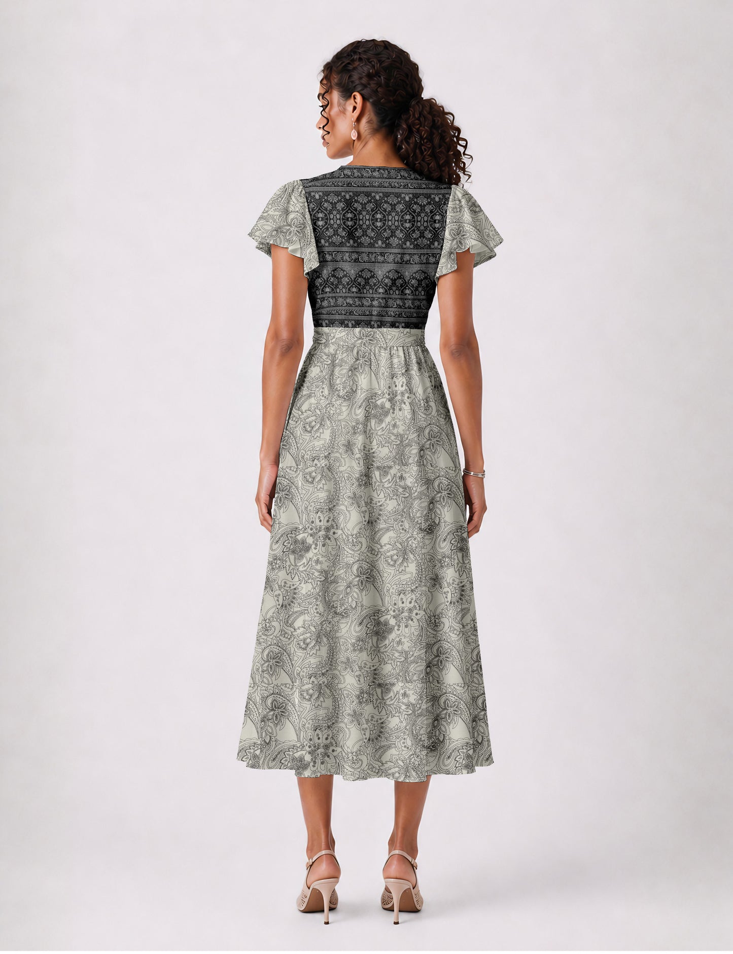Elegant midi wrap dress with a V-neckline, adjustable waist tie, fitted bodice, and flared skirt for a timeless, flattering silhouette.