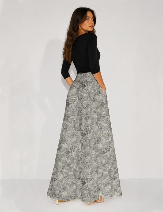 Wide Leg Palazzo Trousers - White Paisley
