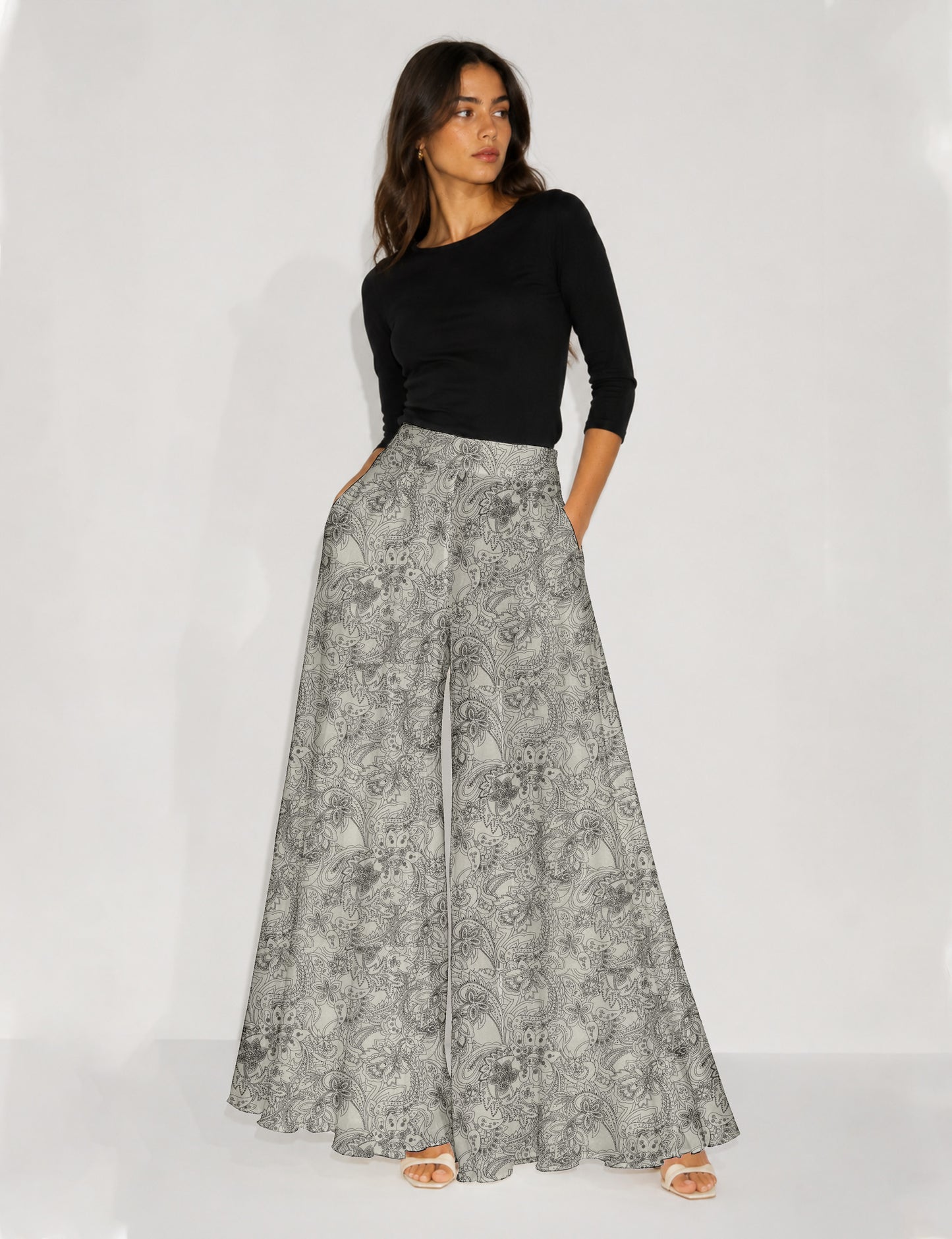Wide Leg Palazzo Trousers - White Paisley