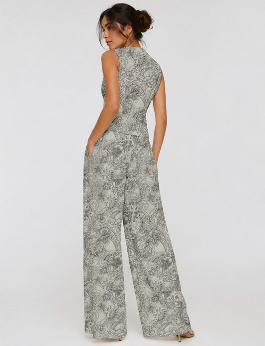 Women's tailored waistcoat set with a sleeveless V-neck button-front waistcoat and high-rise wide leg trousers in a coordinated matching outfit.