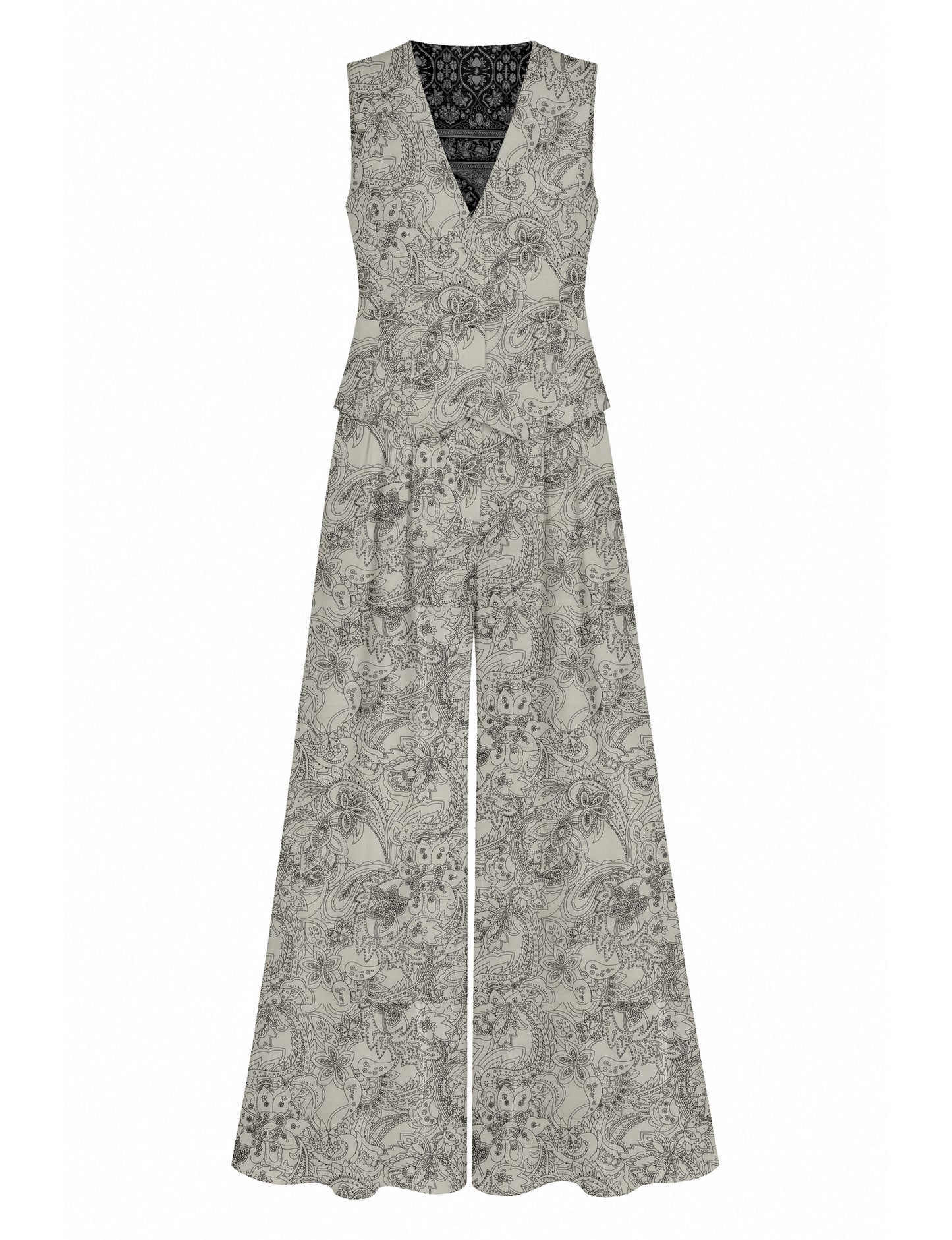 Women's tailored waistcoat set with a sleeveless V-neck button-front waistcoat and high-rise wide leg trousers in a coordinated matching outfit.