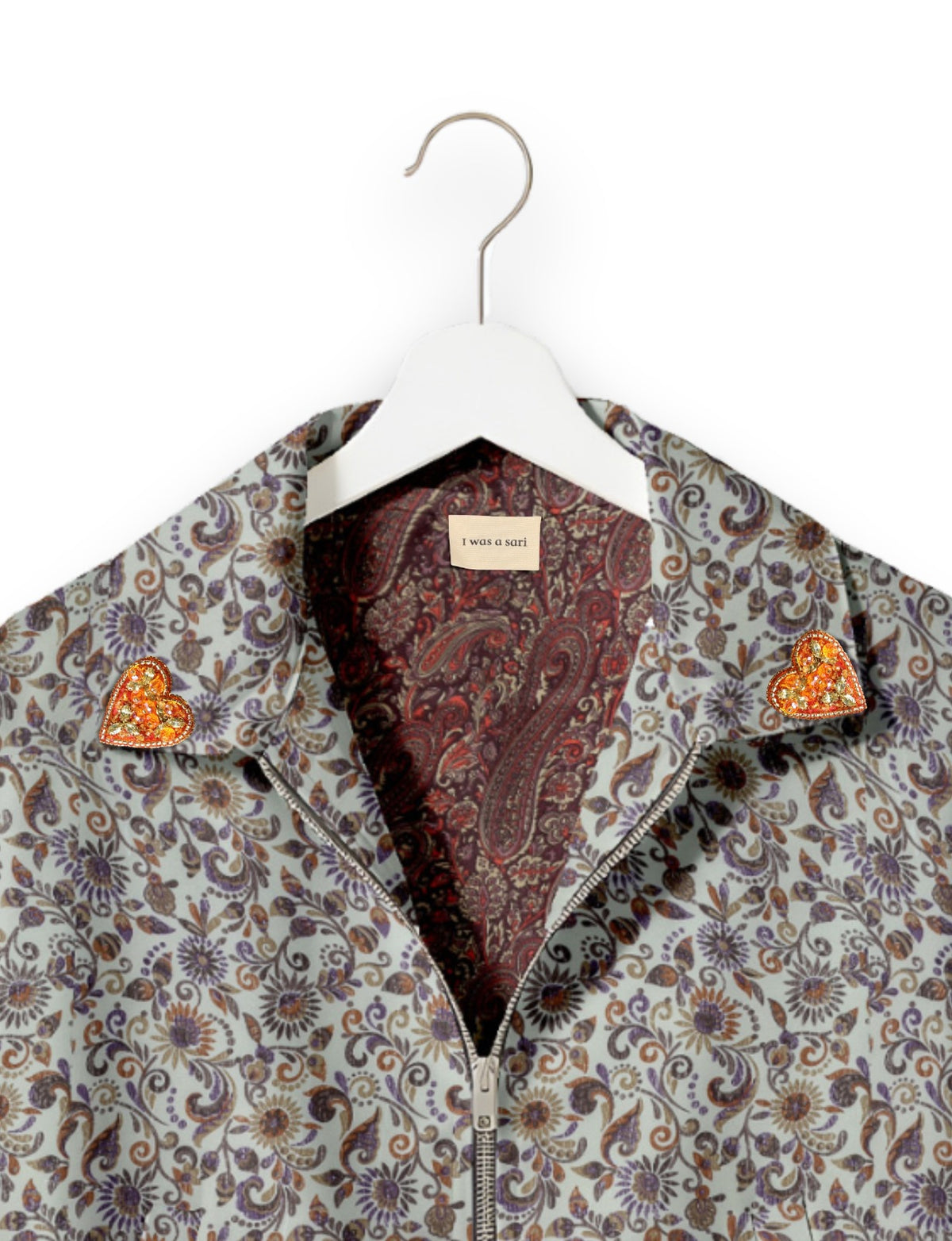 Love Bomber Jacket made from recycled fabric, featuring hand-stitched Aari embroidery. A unique piece of zero-waste clothing, part of the circular fashion movement. Designed with upcycled materials for a stylish yet environmentally friendly clothing choice.