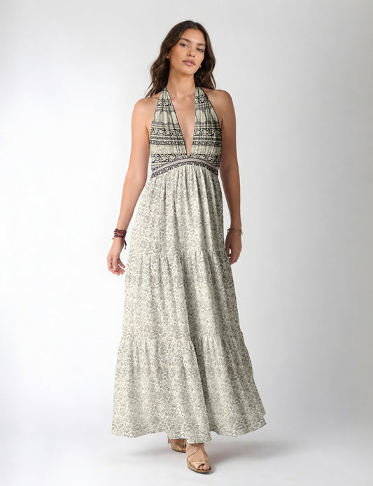 Maxi tiered dress by I was a Sari with halter neckline and flowy silhouette