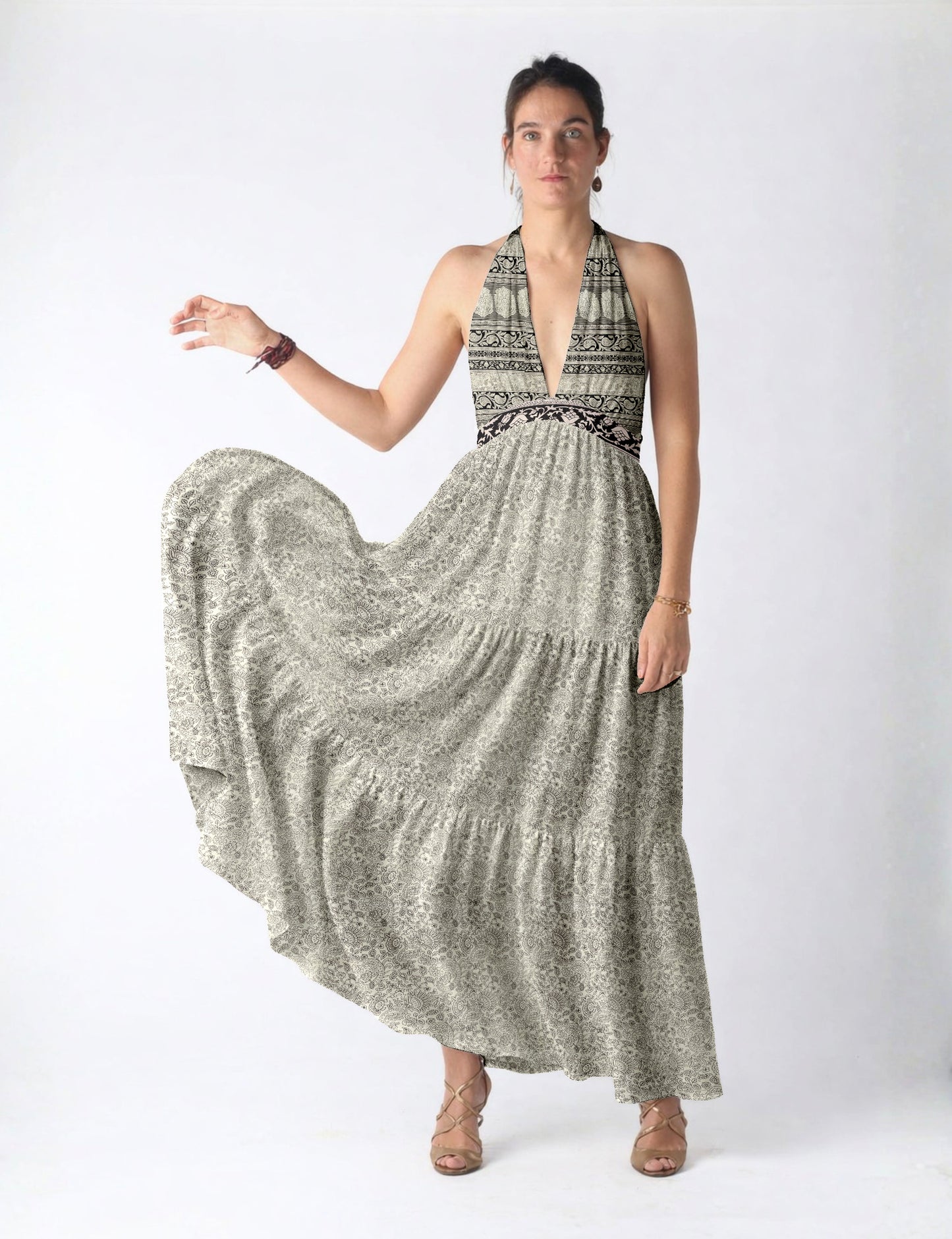 Flowy maxi tiered dress for vacations, brunch, and evening wear