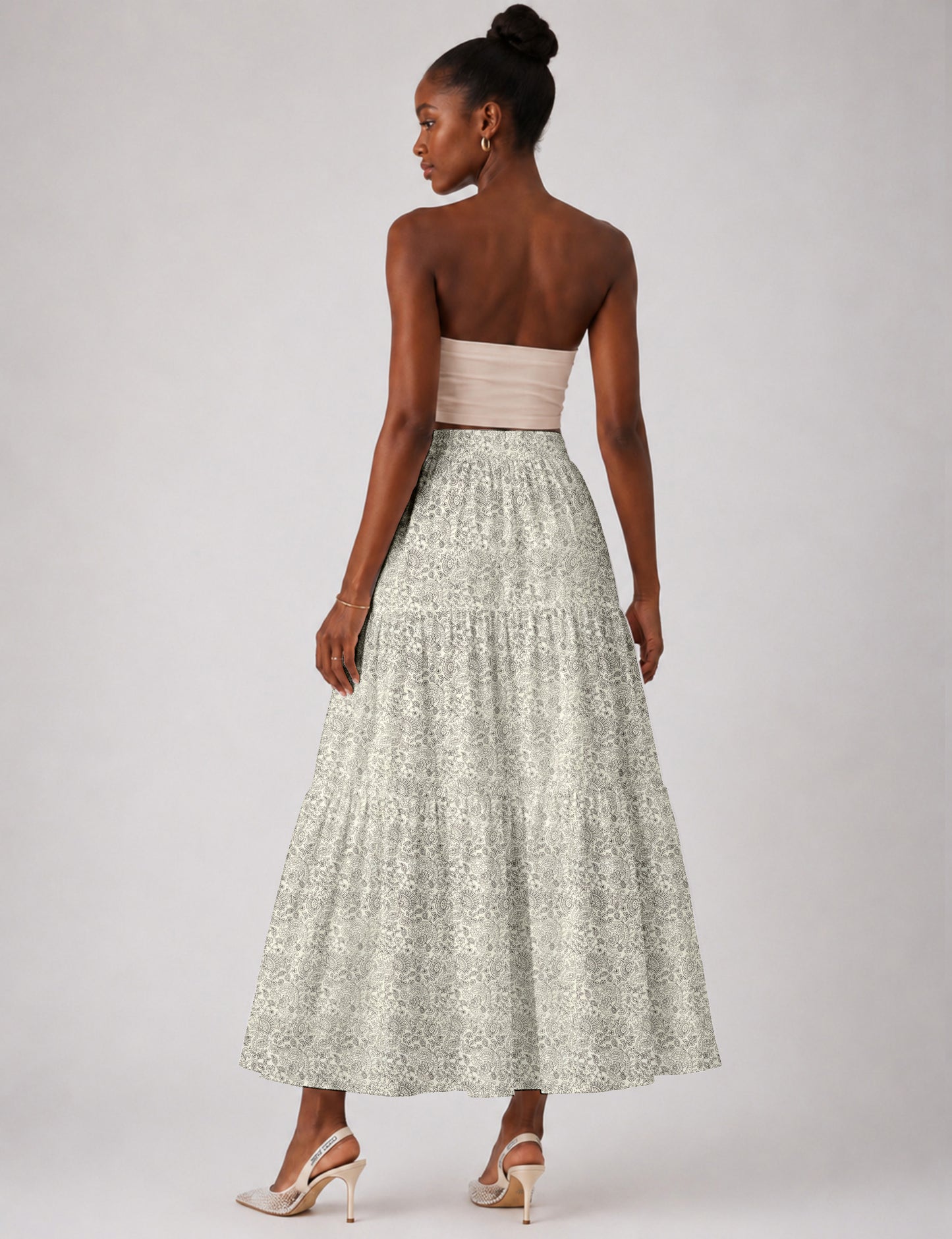 Midi Tiered Skirt - White Tropical