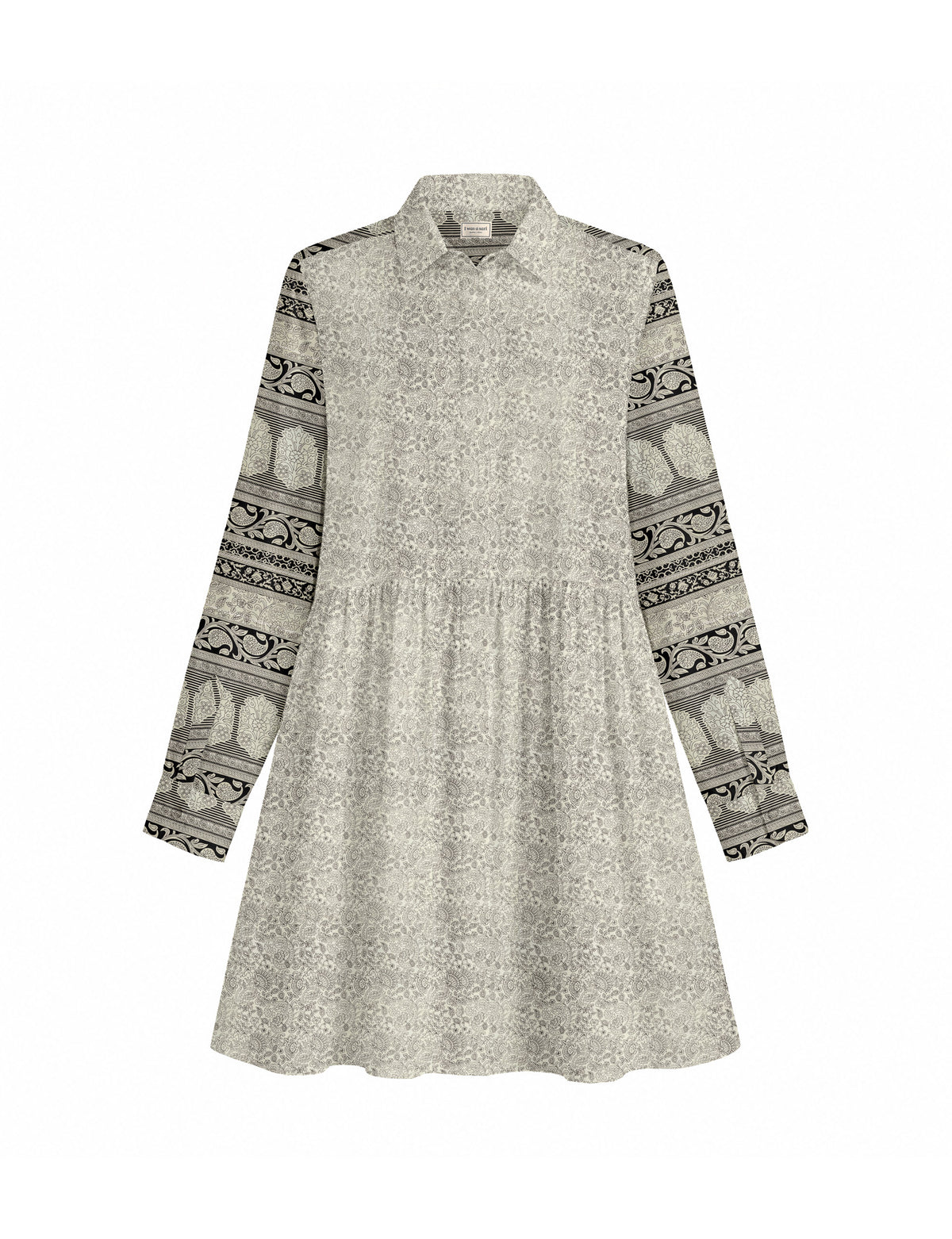Short shirt dress with a relaxed A-line silhouette, point collar, partial button placket, gathered waist, side pockets, and full-length cuffed sleeves.