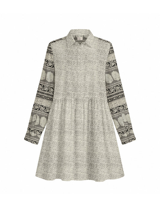Short shirt dress with a relaxed A-line silhouette, point collar, partial button placket, gathered waist, side pockets, and full-length cuffed sleeves.