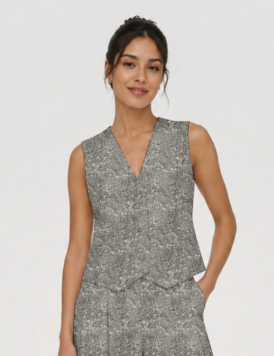 Women's fitted waistcoat with V-neck, single-breasted button closure, tailored silhouette, and pointed hem in sustainable fashion.