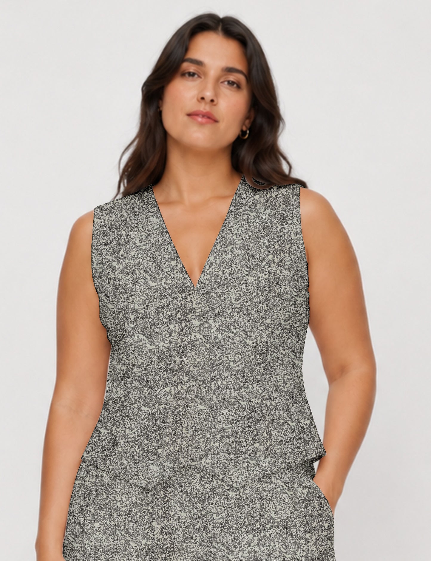 Women's fitted waistcoat with V-neck, single-breasted button closure, tailored silhouette, and pointed hem in sustainable fashion.