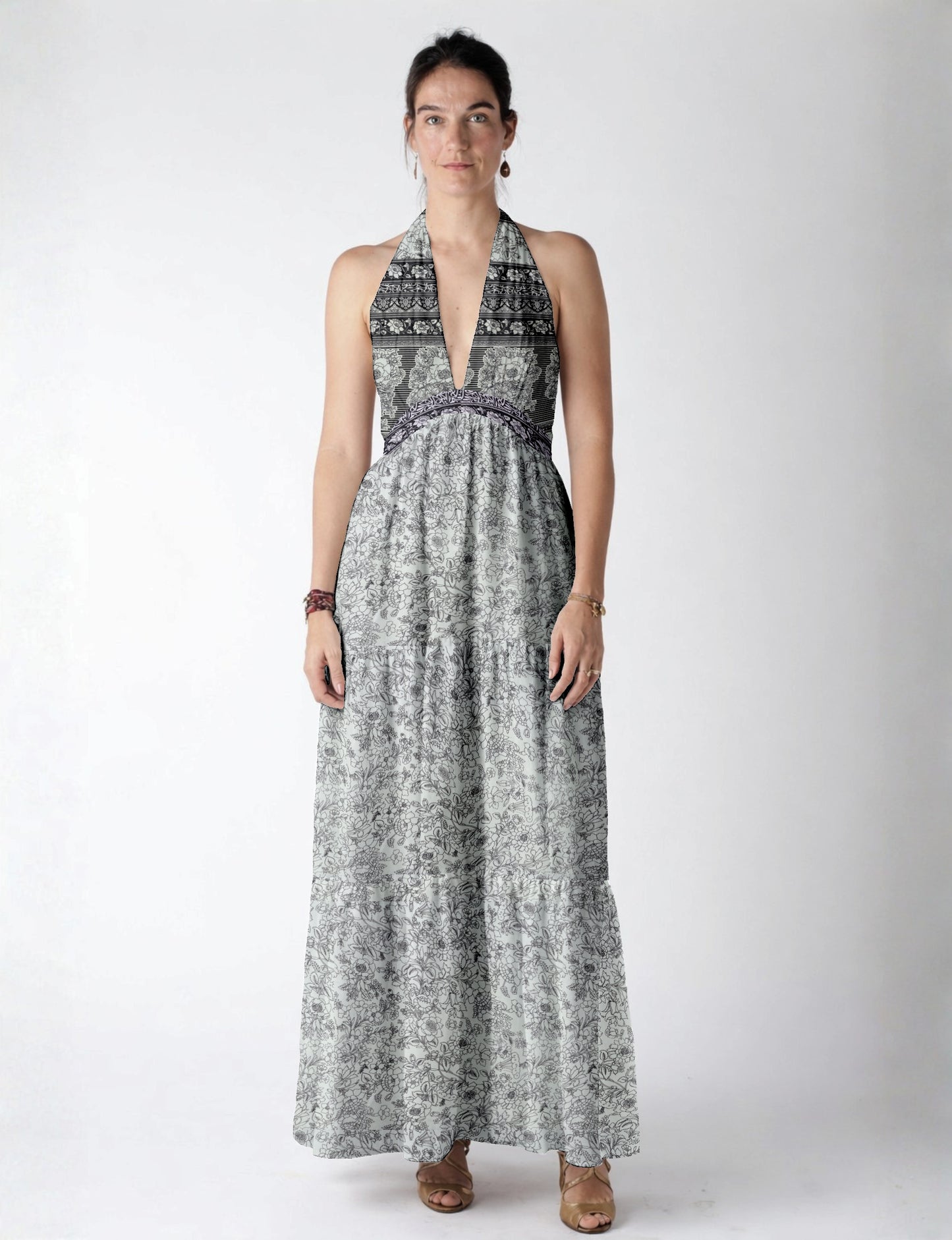 Maxi tiered dress by I was a Sari with halter neckline and flowy silhouette