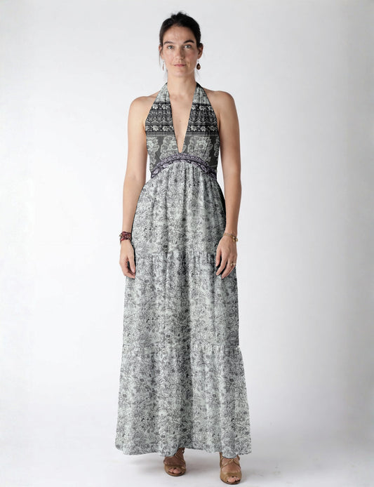 Maxi tiered dress by I was a Sari with halter neckline and flowy silhouette