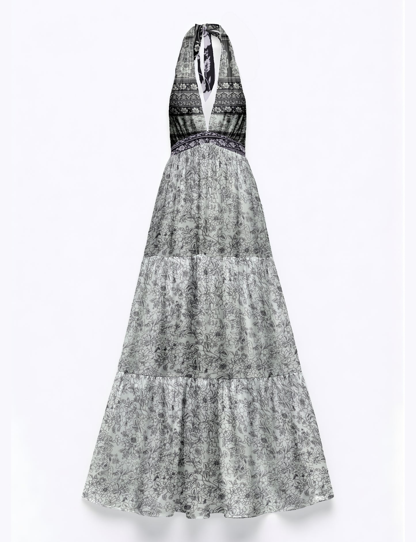 Elegant tiered maxi dress with adjustable tie neck design