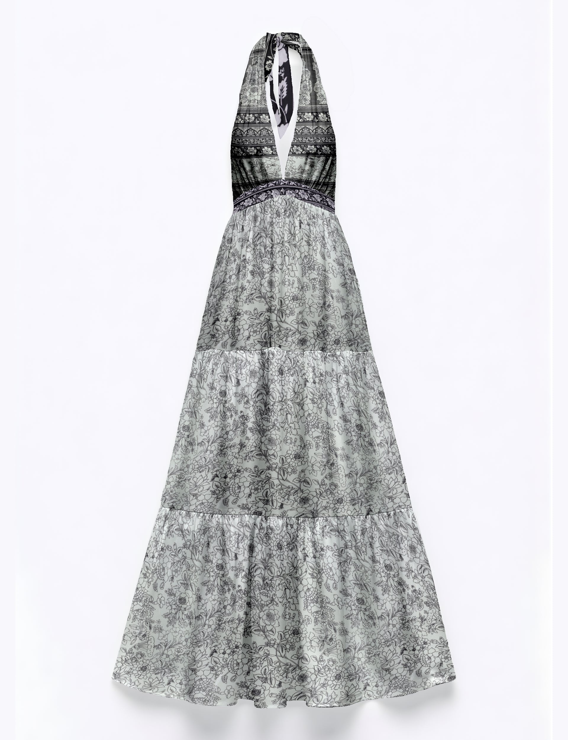 White maxi tiered dress with black floral and geometric tropical print, halter neckline, and deep V front, flat lay view