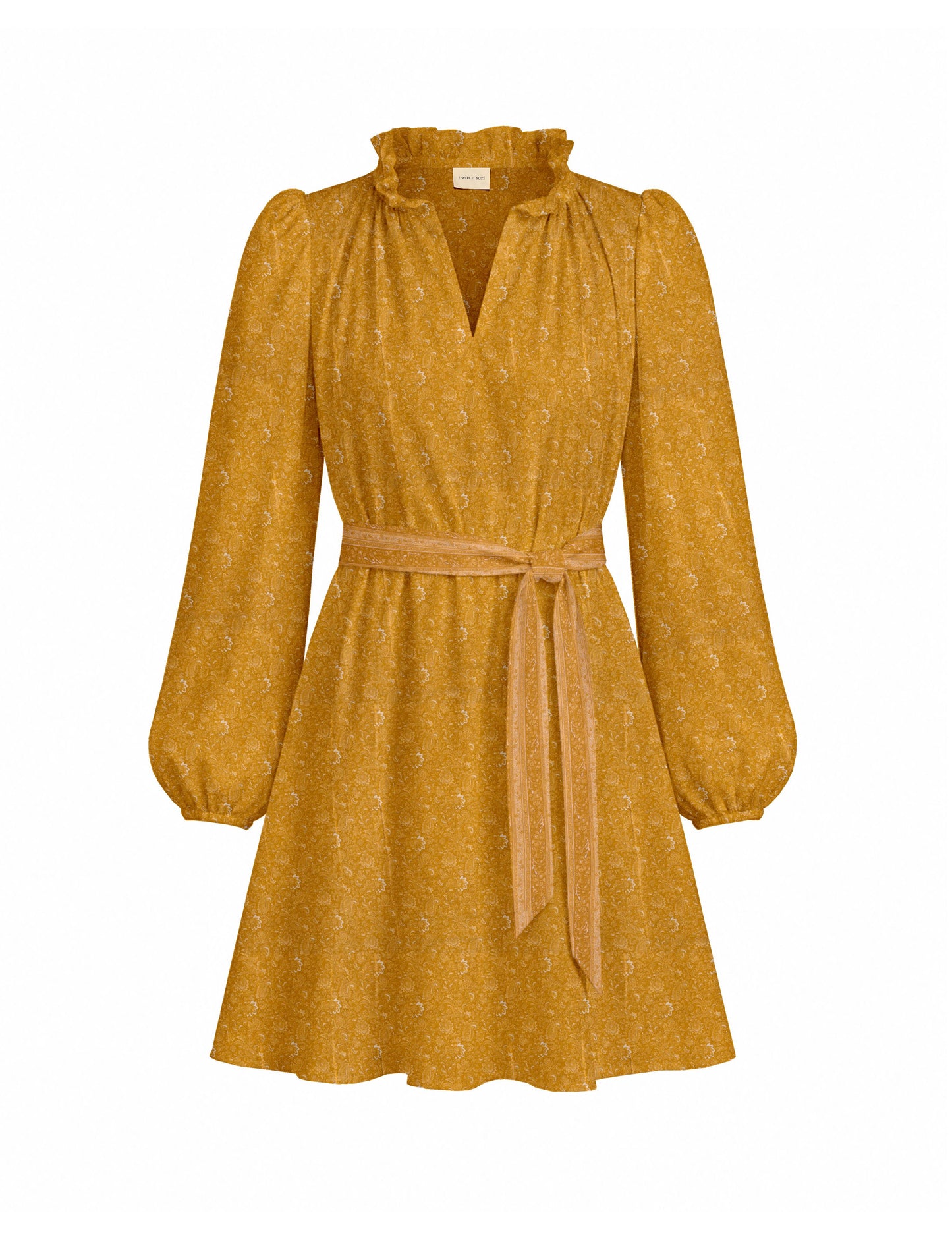 Swing dress with detachable tie belt, gathered ruffle neckline, full-length voluminous sleeves, elastic cuffs, and relaxed A-line silhouette in an above-knee length.