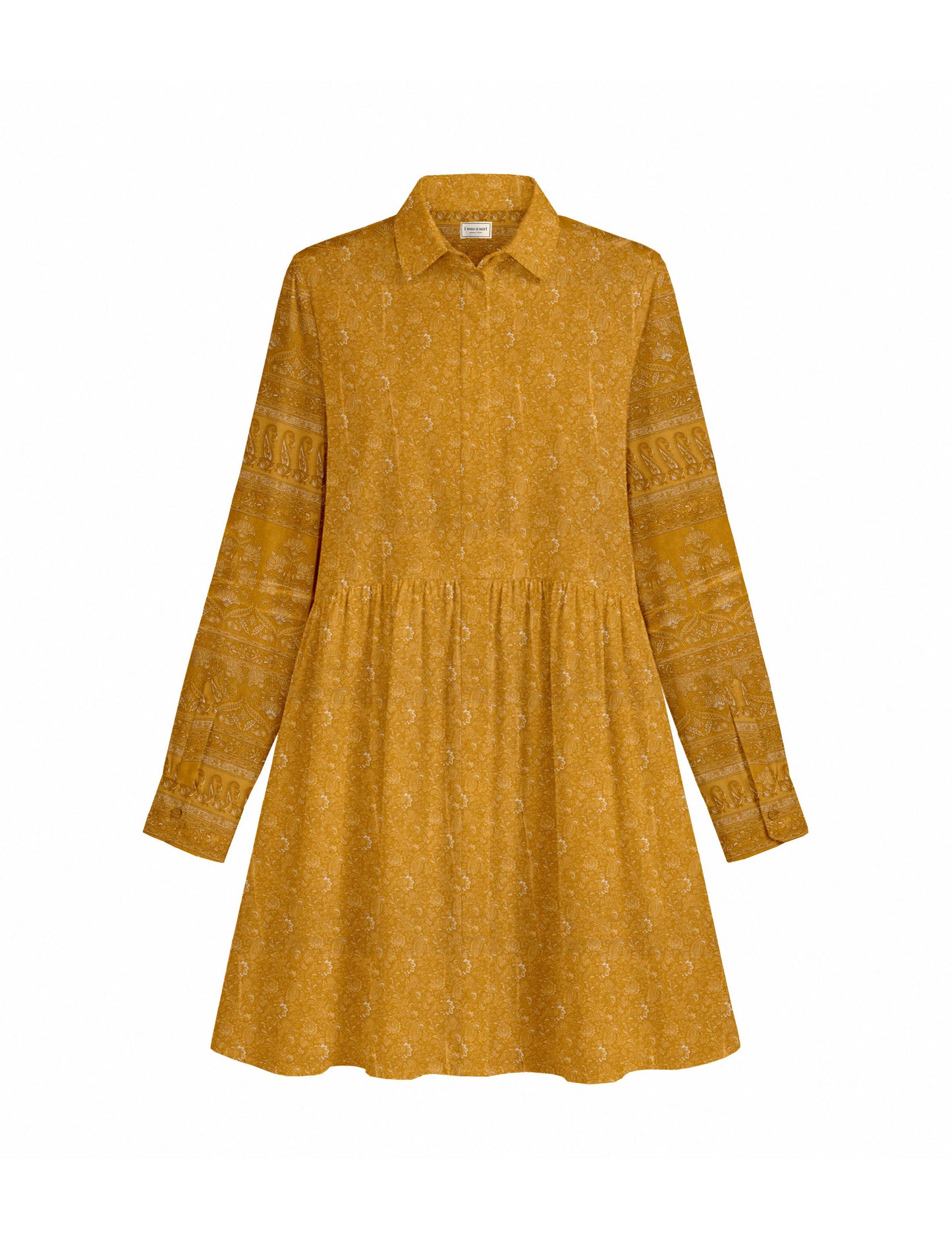 Short shirt dress with a relaxed A-line silhouette, point collar, partial button placket, gathered waist, side pockets, and full-length cuffed sleeves.