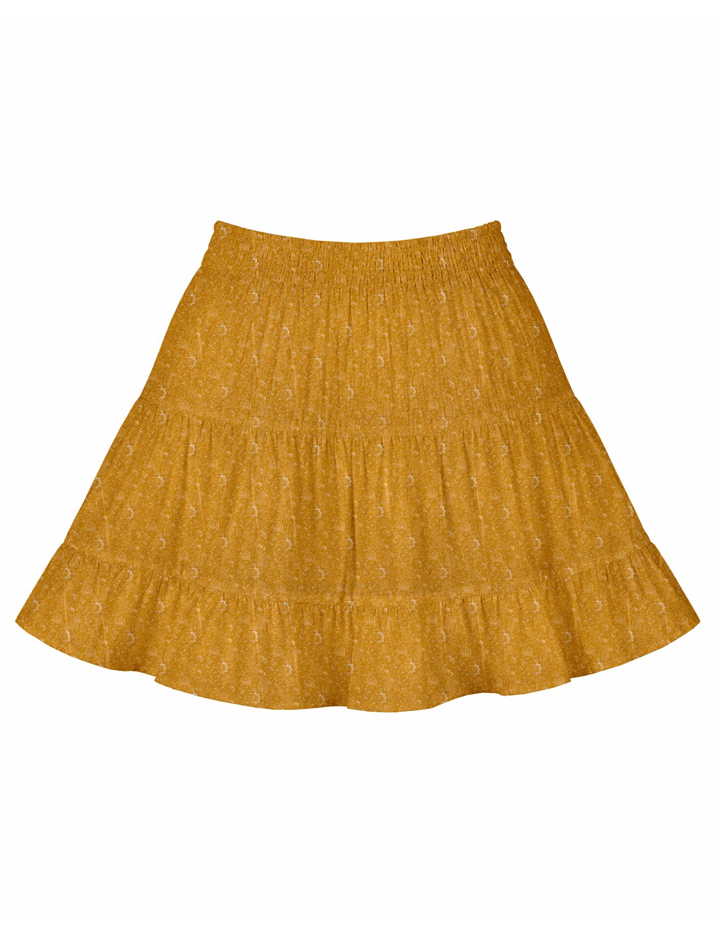 Short tiered skirt with a fitted waistband, knife pleats, softly flared silhouette, side seam pockets, and above-the-knee length.