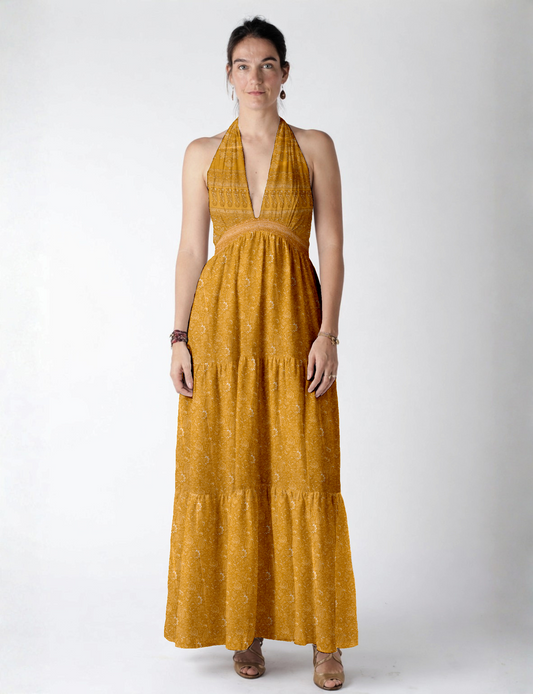 Maxi tiered dress by I was a Sari with halter neckline and flowy silhouette