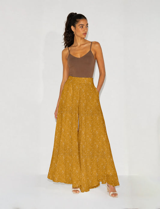 Wide Leg Palazzo Trousers - Yellow Paisley