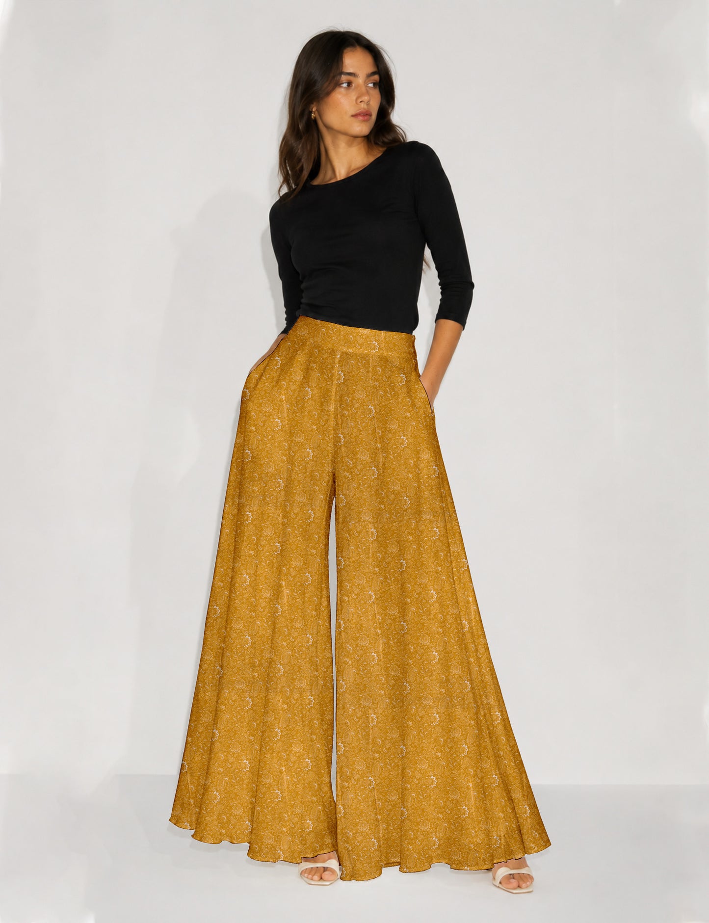 Wide Leg Palazzo Trousers - Yellow Paisley