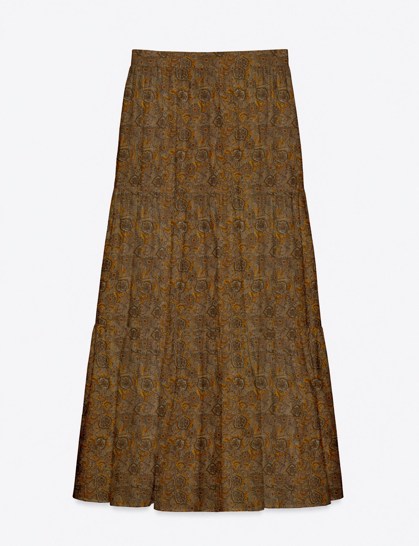 Midi tiered skirt with fitted waistband, soft knife pleats, flared silhouette, side seam pockets, and ankle-length hem