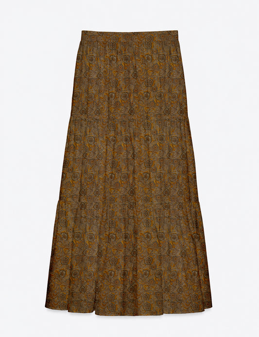 Midi tiered skirt with fitted waistband, soft knife pleats, flared silhouette, side seam pockets, and ankle-length hem