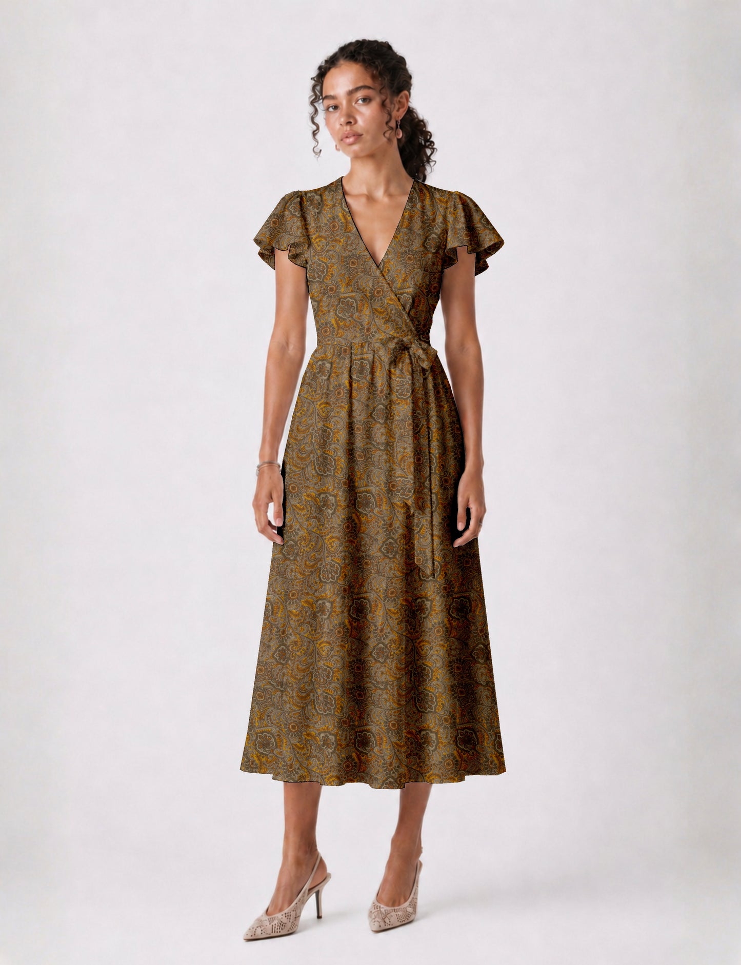 Midi wrap dress with V-neckline, fitted bodice, tie waist, and flared mid-calf skirt