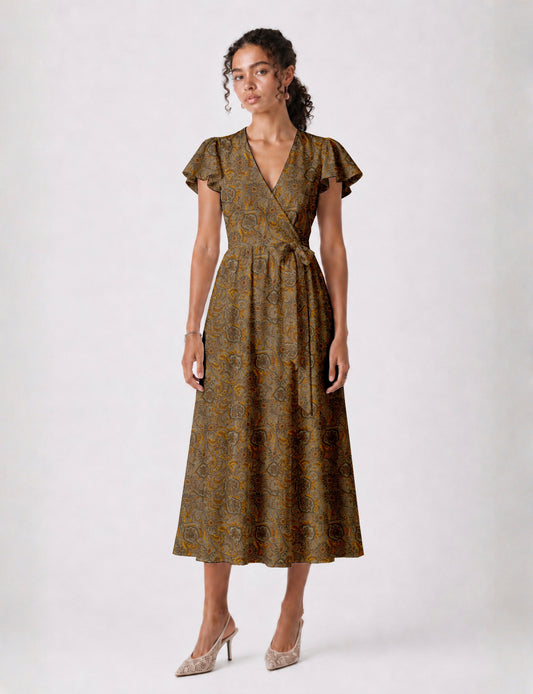 Midi wrap dress with V-neckline, fitted bodice, tie waist, and flared mid-calf skirt