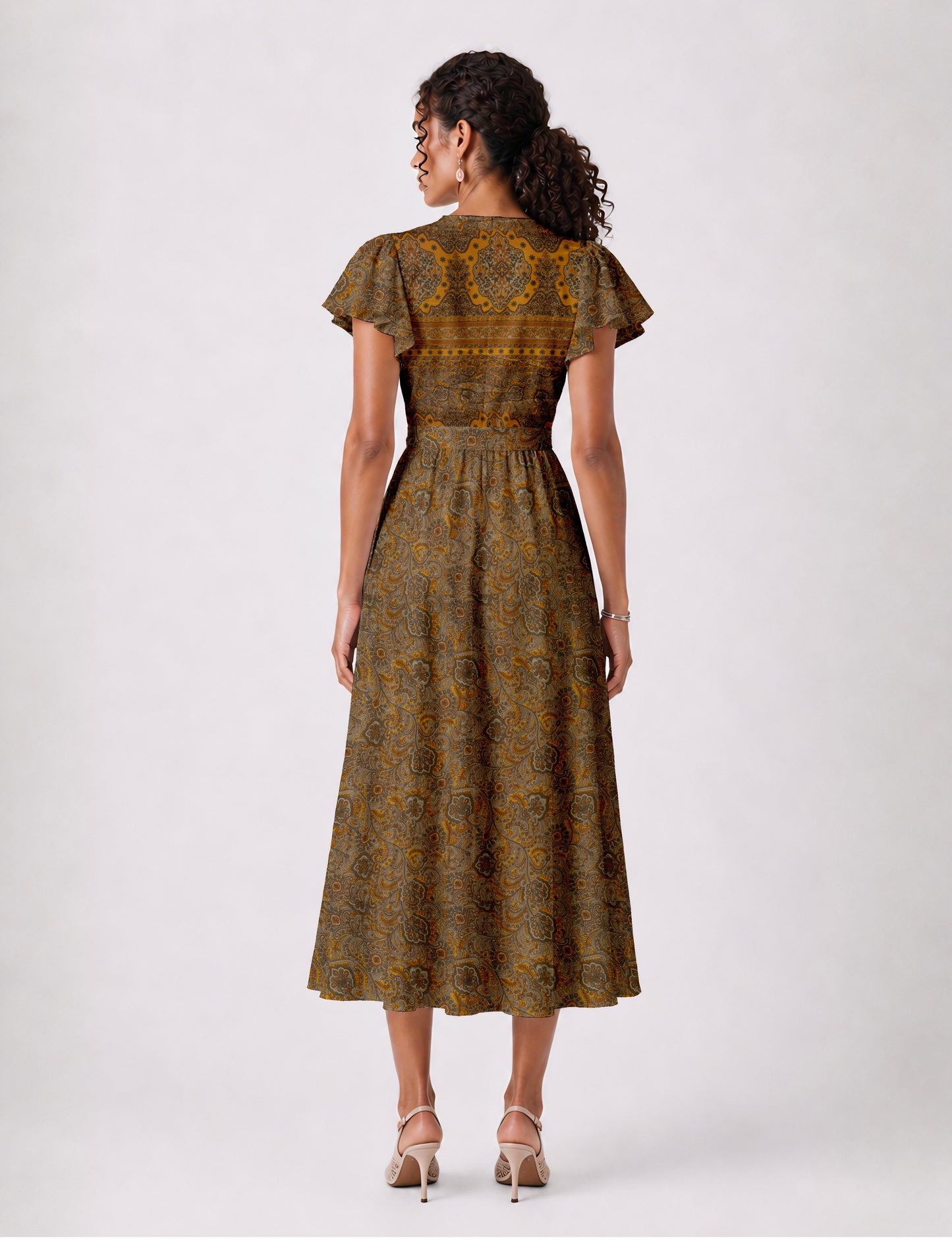 Midi wrap dress with V-neckline, fitted bodice, tie waist, and flared mid-calf skirt