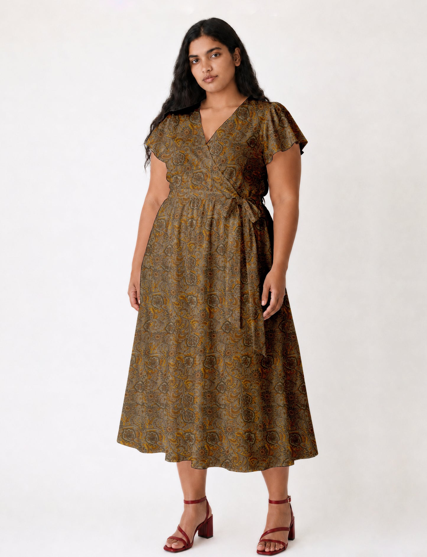 Midi wrap dress with V-neckline, fitted bodice, tie waist, and flared mid-calf skirt