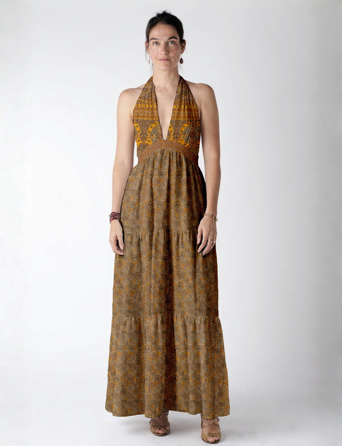 Maxi tiered dress by I was a Sari with halter neckline and flowy silhouette