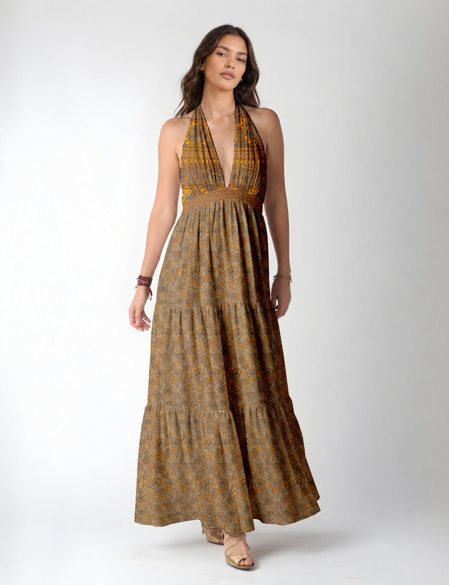 Halter neck maxi dress with tiered layers and elasticated back