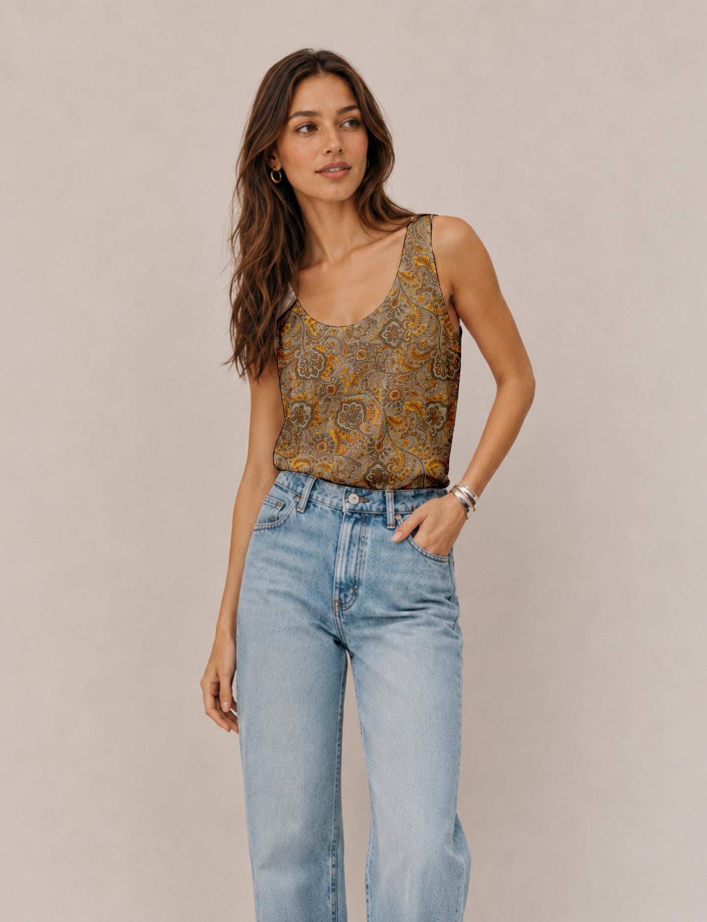 Women's sleeveless blouse with a relaxed straight fit, wide scoop neckline, deep scoop back, and hip-length silhouette.
