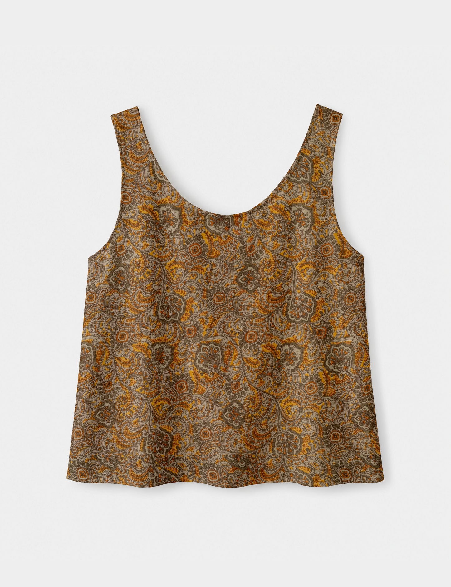 Women's sleeveless blouse with a relaxed straight fit, wide scoop neckline, deep scoop back, and hip-length silhouette.