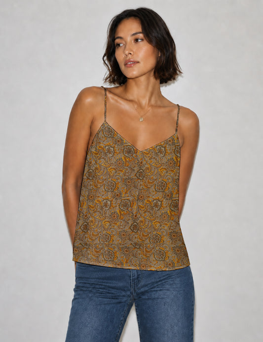 Women's sleeveless slip top with a relaxed straight fit, soft V-neckline, deep V-back, and delicate spaghetti straps.