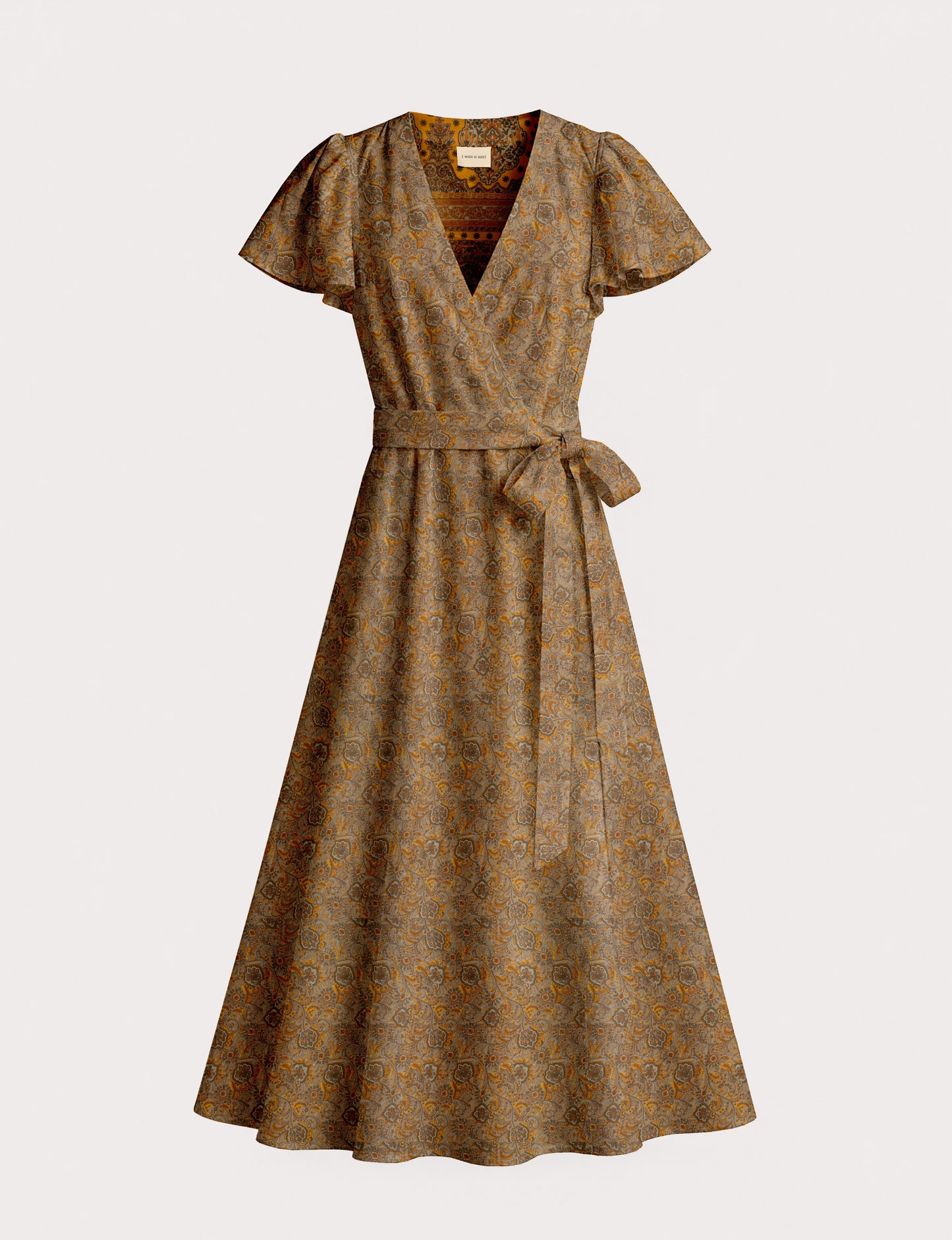 Midi wrap dress with V-neckline, fitted bodice, tie waist, and flared mid-calf skirt