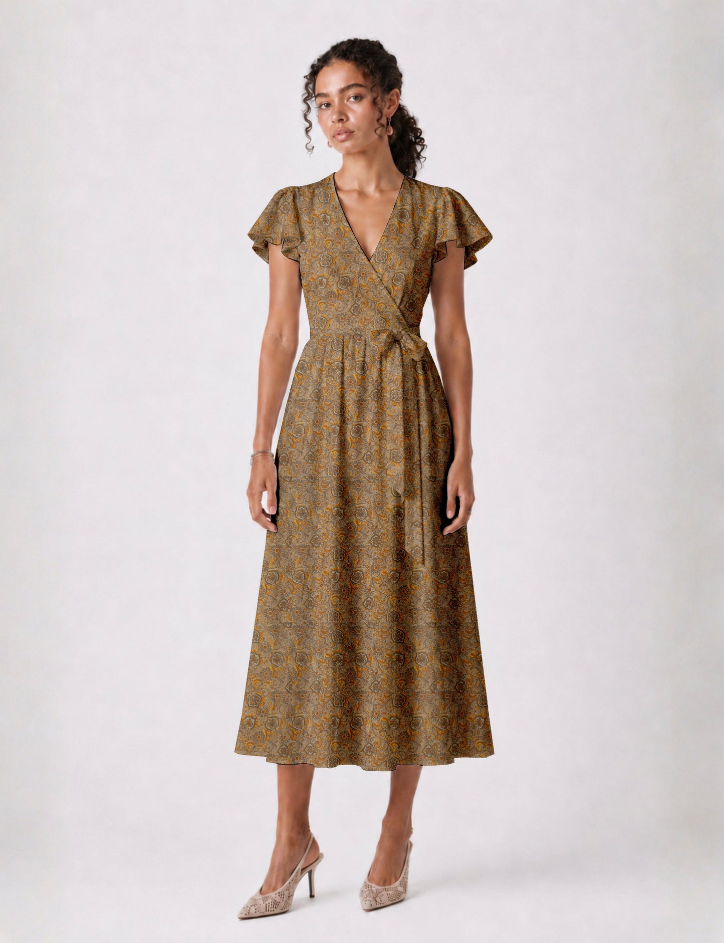 Midi wrap dress with V-neckline, fitted bodice, tie waist, and flared mid-calf skirt