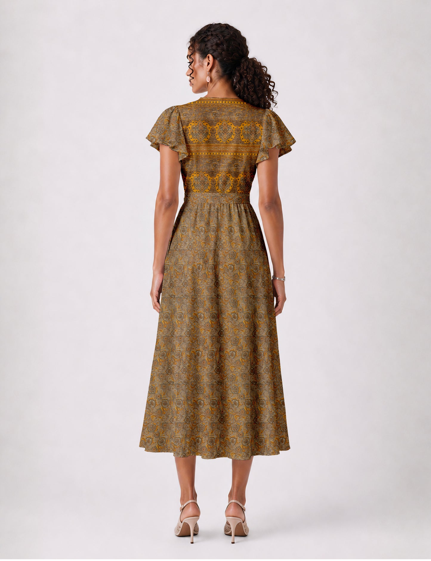 Midi wrap dress with V-neckline, fitted bodice, tie waist, and flared mid-calf skirt